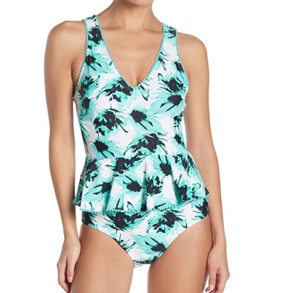 NWT Nicole Miller Teal Pompom One Piece Swimsuit